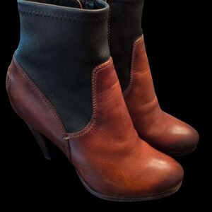 Frye Two-Tone Leather Heeled Boots in Black and Brown